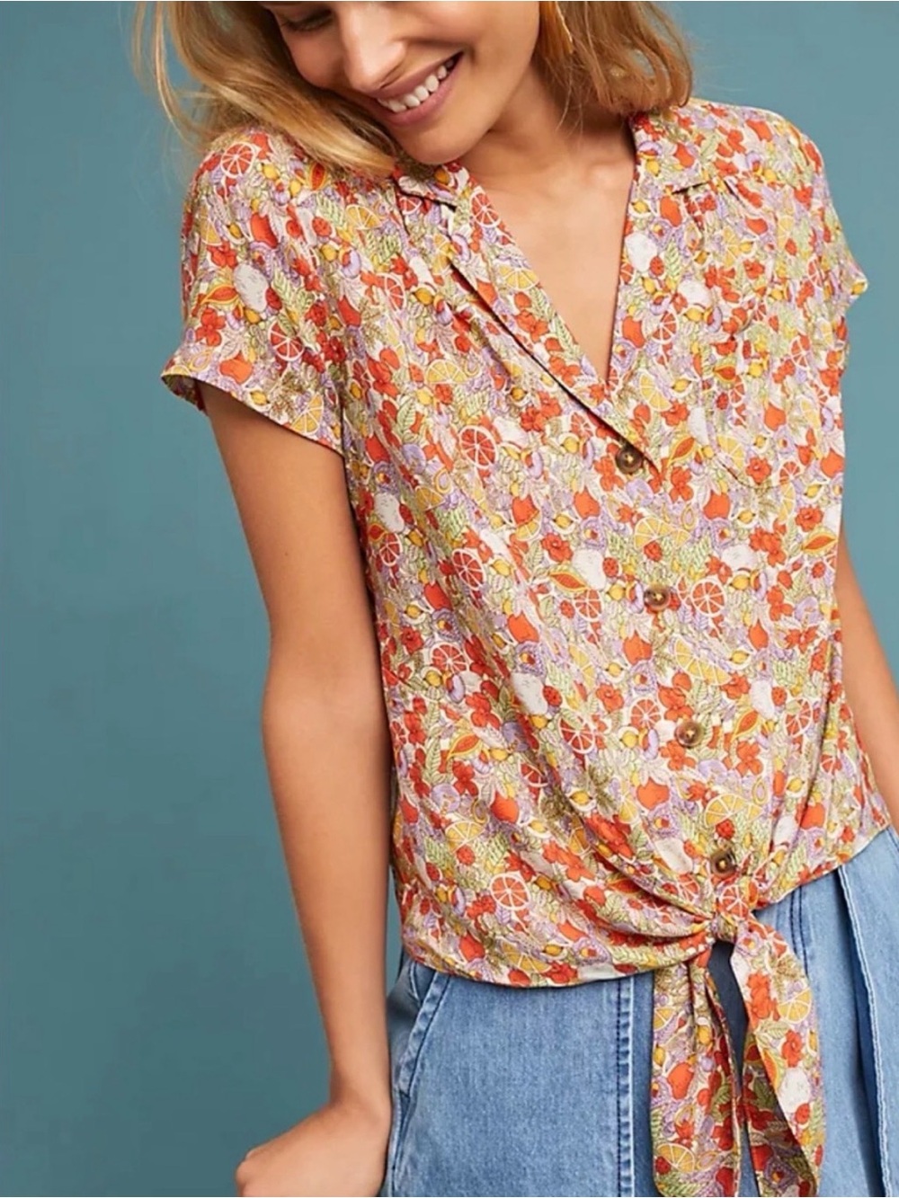 Anthropologie Women’s Orange & Yellow Floral Tie-Front
Button Shirt size 12